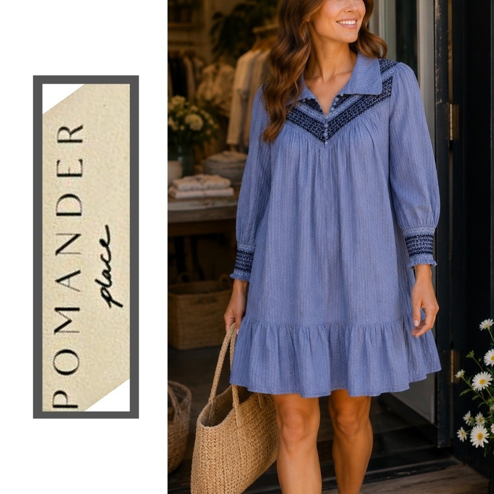 Pomander‎ Place, Blue Seersucker Ruffle Long Sleeve Shirtdress Size XL